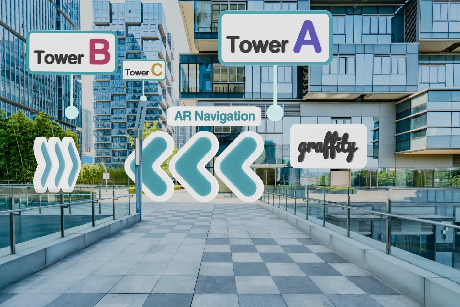 AR turn-by-turn navigation arrows overlaid on a phone view of an indoor walkway